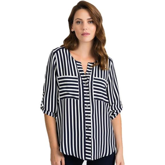 Joseph Ribkoff V-Neck Striped Shirt Style 201283 - Midnight/Vanilla NWT